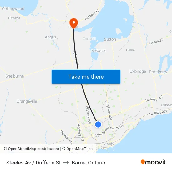 Steeles Av / Dufferin St to Barrie, Ontario map