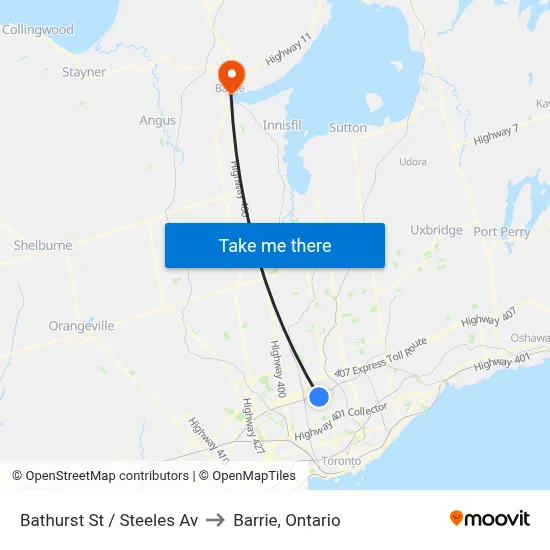 Bathurst St / Steeles Av to Barrie, Ontario map