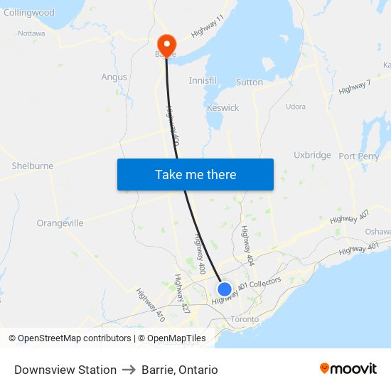 Downsview Station to Barrie, Ontario map