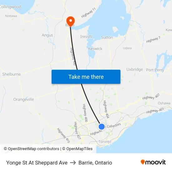 Yonge St At Sheppard Ave to Barrie, Ontario map