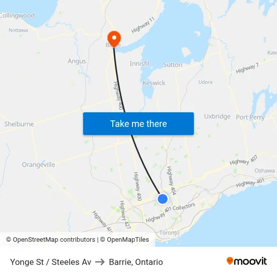 Yonge St / Steeles Av to Barrie, Ontario map