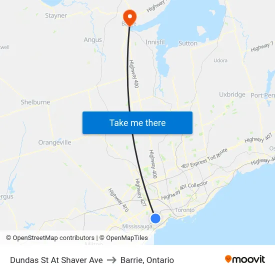 Dundas St At Shaver Ave to Barrie, Ontario map