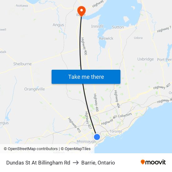Dundas St At Billingham Rd to Barrie, Ontario map