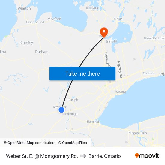 Weber St. E. @ Montgomery Rd. to Barrie, Ontario map