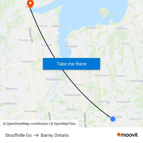 Stouffville Go to Barrie, Ontario map