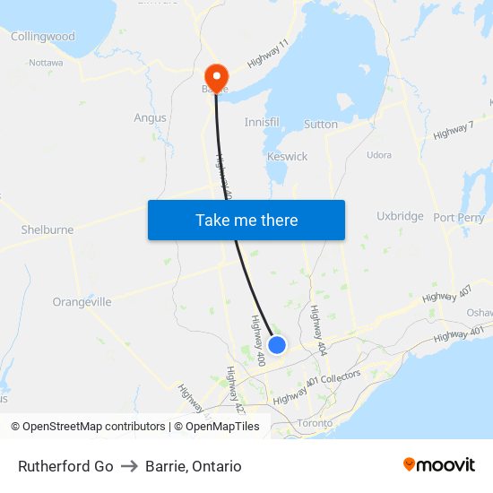 Rutherford Go to Barrie, Ontario map