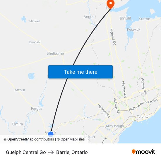 Guelph Central Go to Barrie, Ontario map