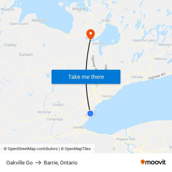 Oakville Go to Barrie, Ontario map