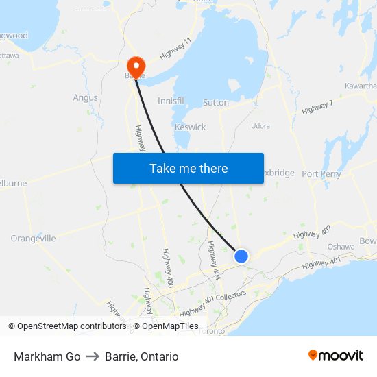 Markham Go to Barrie, Ontario map