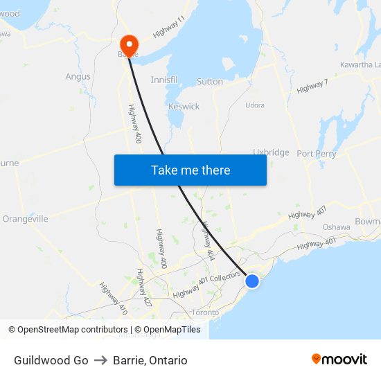 Guildwood Go to Barrie, Ontario map