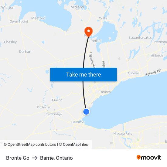 Bronte Go to Barrie, Ontario map