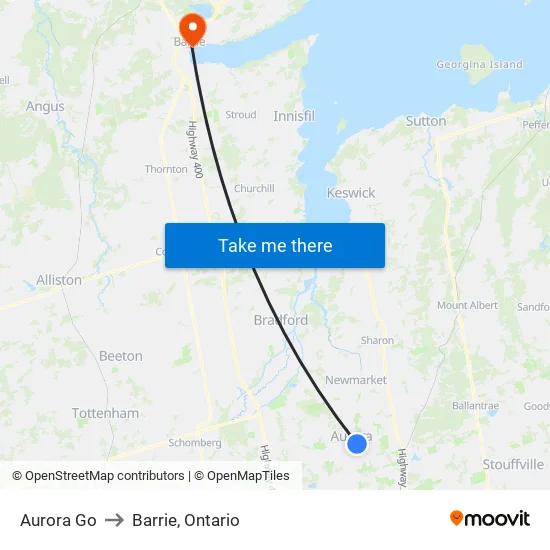 Aurora Go to Barrie, Ontario map