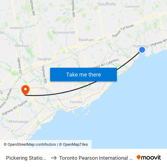 Pickering Station Go Rail to Toronto Pearson International Airport (YYZ) map