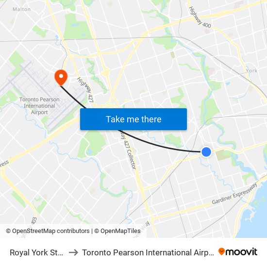 Royal York Station to Toronto Pearson International Airport (YYZ) map