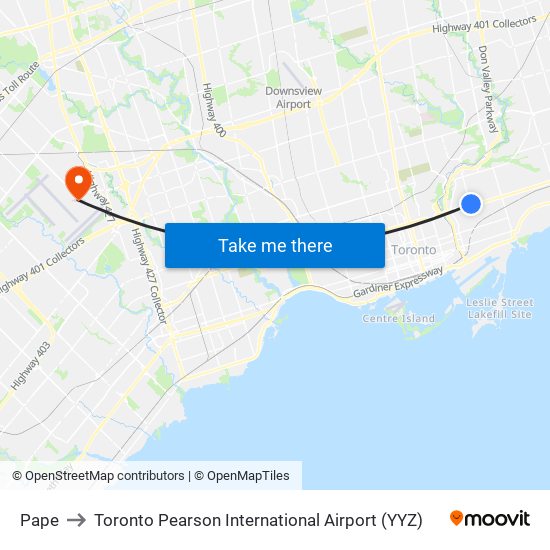 Pape to Toronto Pearson International Airport (YYZ) map