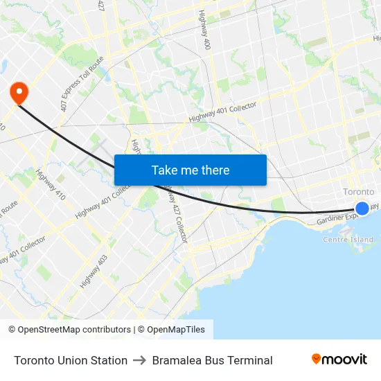 Toronto Union Station to Bramalea Bus Terminal map