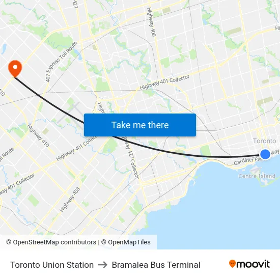 Toronto Union Station to Bramalea Bus Terminal map