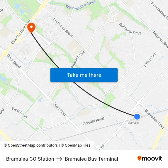 Bramalea GO Station to Bramalea Bus Terminal map