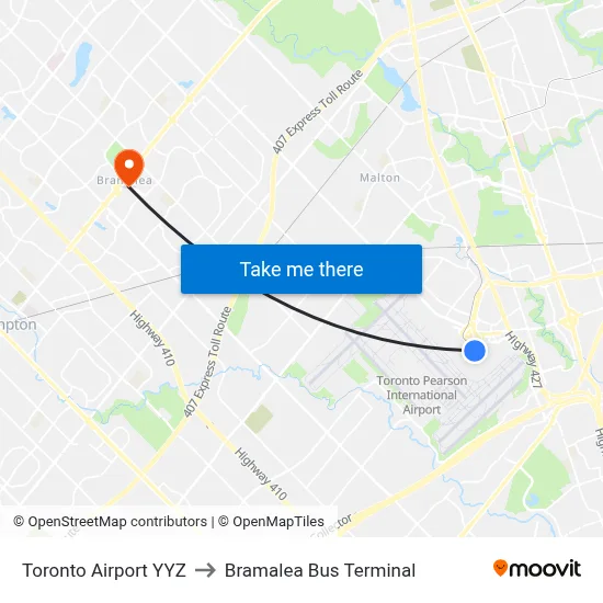 Toronto Airport YYZ to Bramalea Bus Terminal map