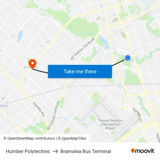 Humber Polytechnic to Bramalea Bus Terminal map