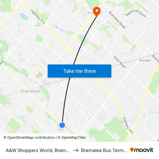 A&W Shoppers World, Brampton to Bramalea Bus Terminal map
