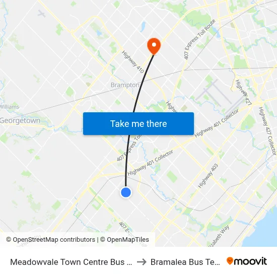 Meadowvale Town Centre Bus Terminal to Bramalea Bus Terminal map