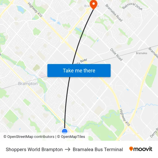 Shoppers World Brampton to Bramalea Bus Terminal map