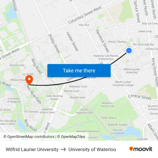 Wilfrid Laurier University to University of Waterloo map