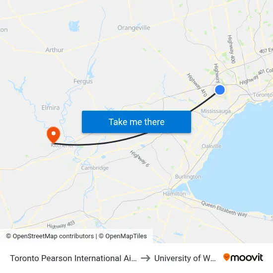 Toronto Pearson International Airport (Yyz) to University of Waterloo map