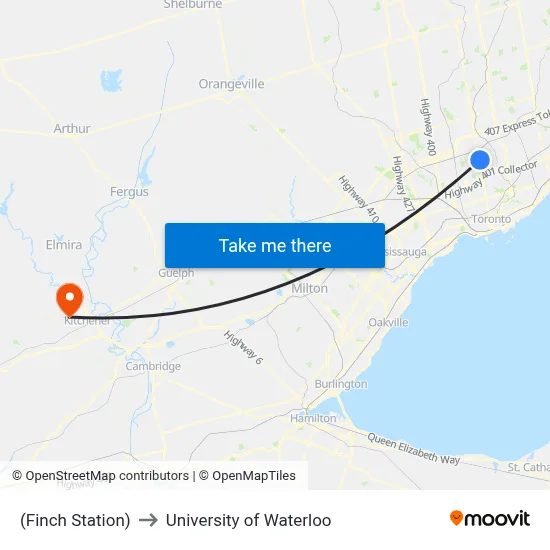 (Finch Station) to University of Waterloo map