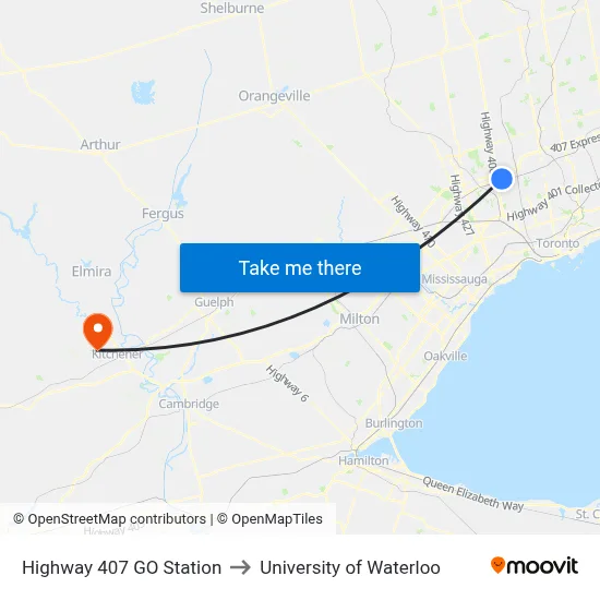 Highway 407 GO Station to University of Waterloo map