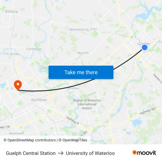 Guelph Central Station to University of Waterloo map