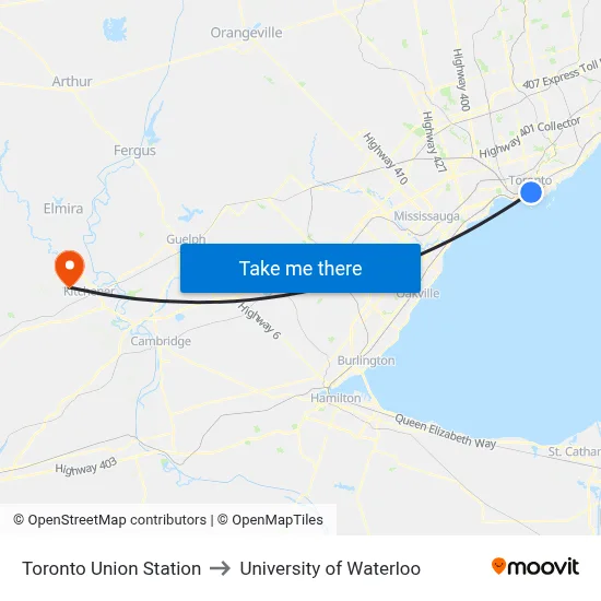 Toronto Union Station to University of Waterloo map