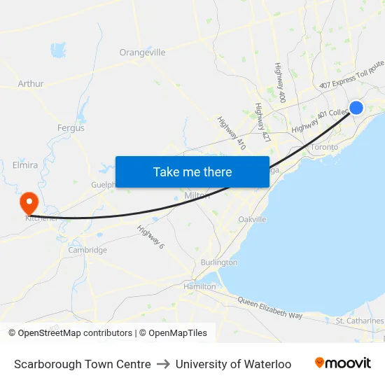 Scarborough Town Centre to University of Waterloo map