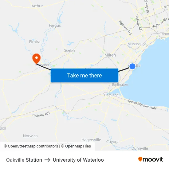 Oakville Station to University of Waterloo map
