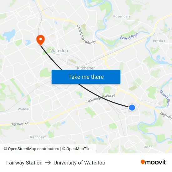 Fairway Station to University of Waterloo map