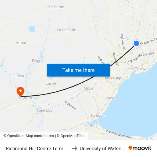 Richmond Hill Centre Terminal to University of Waterloo map