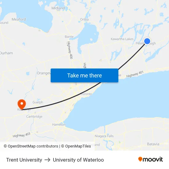 Trent University to University of Waterloo map