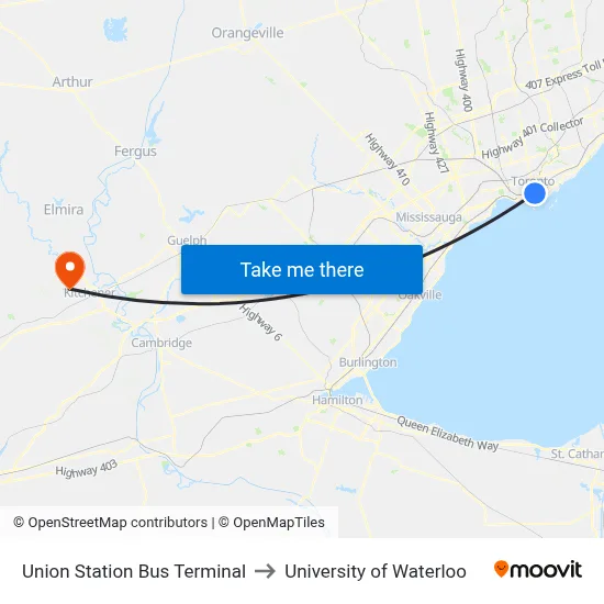 Union Station Bus Terminal to University of Waterloo map