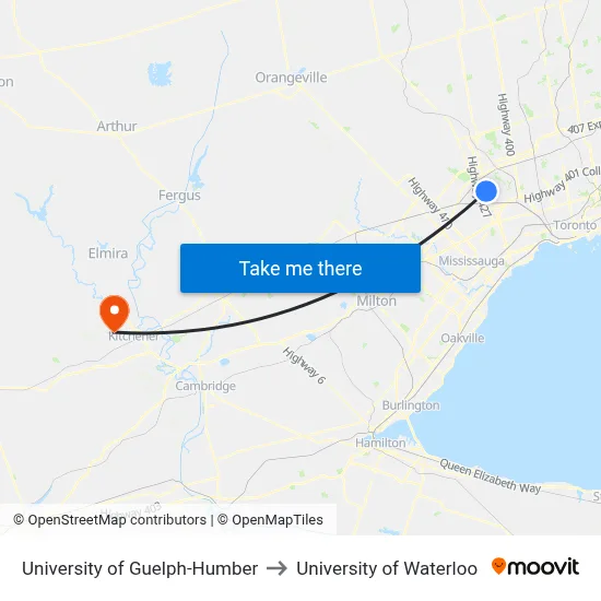 University of Guelph-Humber to University of Waterloo map