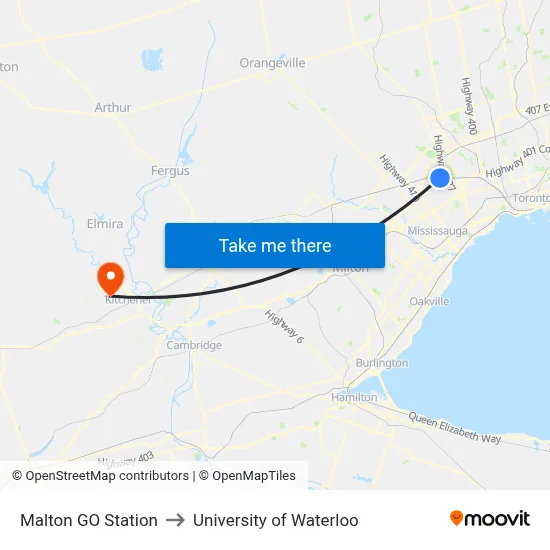 Malton GO Station to University of Waterloo map