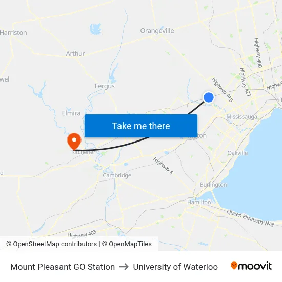 Mount Pleasant GO Station to University of Waterloo map