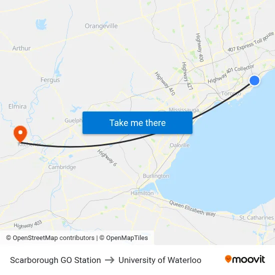 Scarborough GO Station to University of Waterloo map