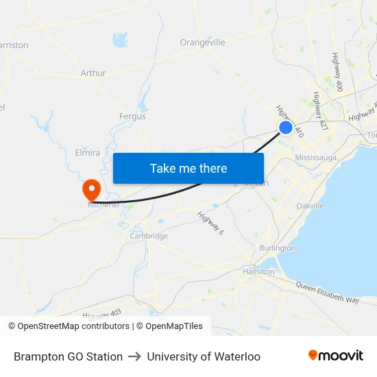 Brampton GO Station to University of Waterloo map