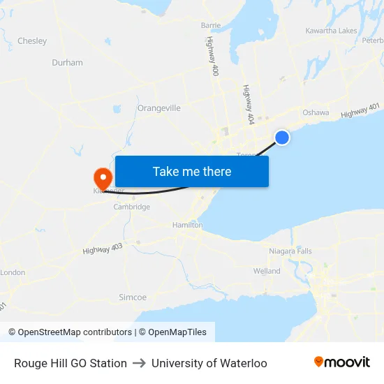 Rouge Hill GO Station to University of Waterloo map