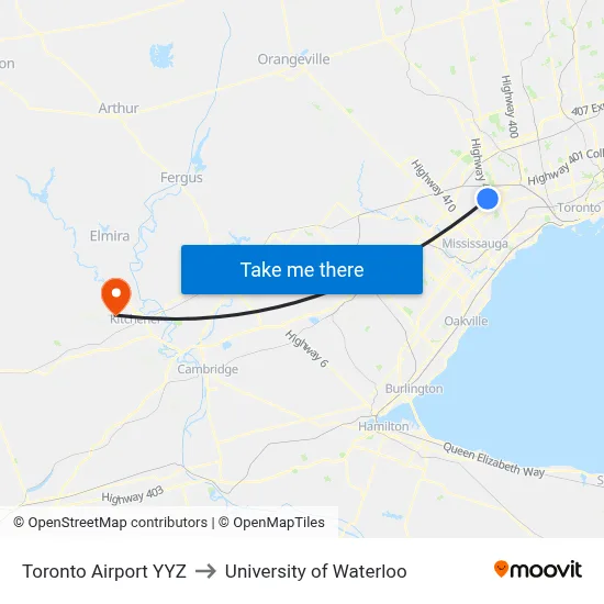 Toronto Airport YYZ to University of Waterloo map