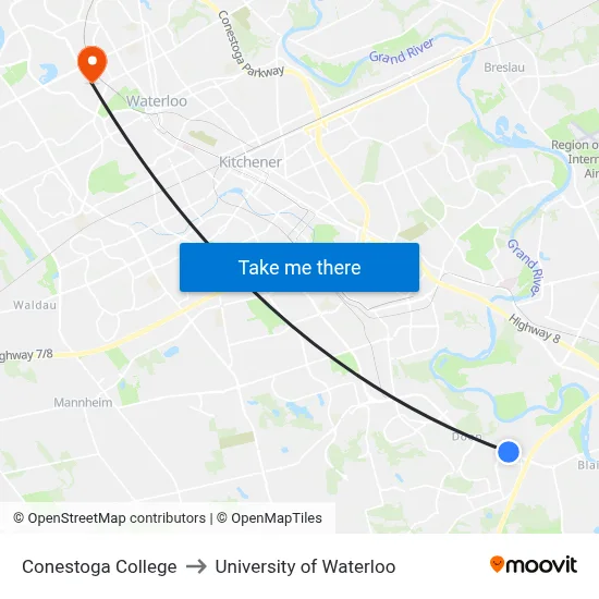 Conestoga College to University of Waterloo map