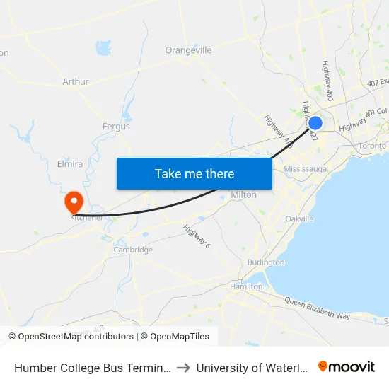 Humber College Bus Terminal to University of Waterloo map