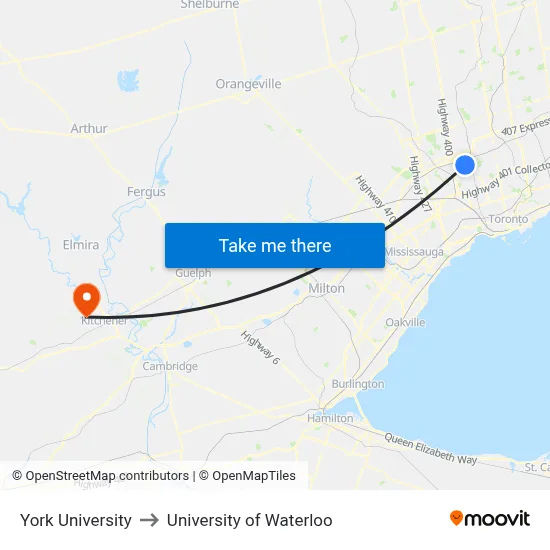 York University to University of Waterloo map