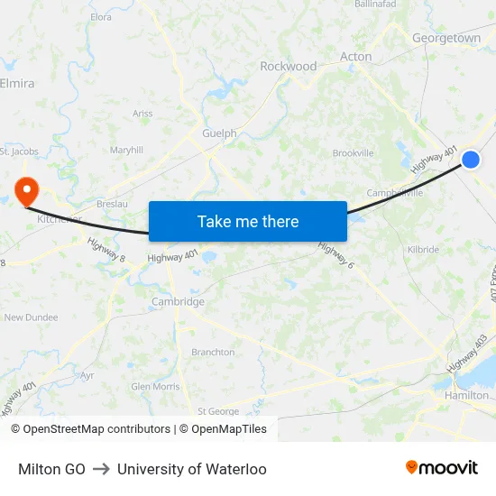 Milton GO to University of Waterloo map